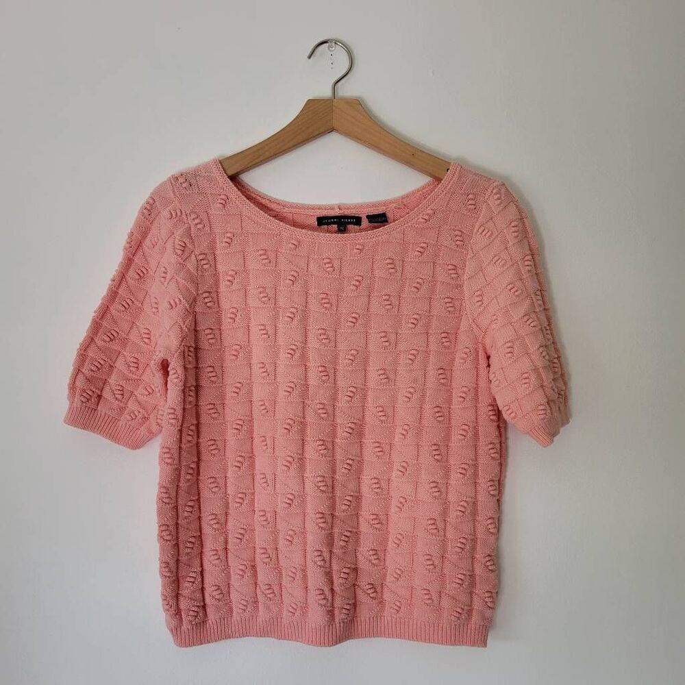 Vintage Jean Pierre Textured Knit 100% Cotton Sweater Peach Pink Short Sleeve M